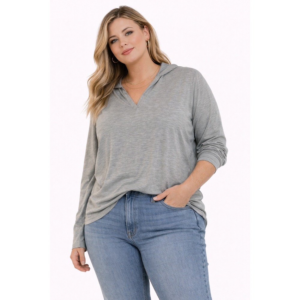 Danskin Now Hoodie Women XXL Gray V-Neck Thumbhole‎ Long Sleeve Activewear Top